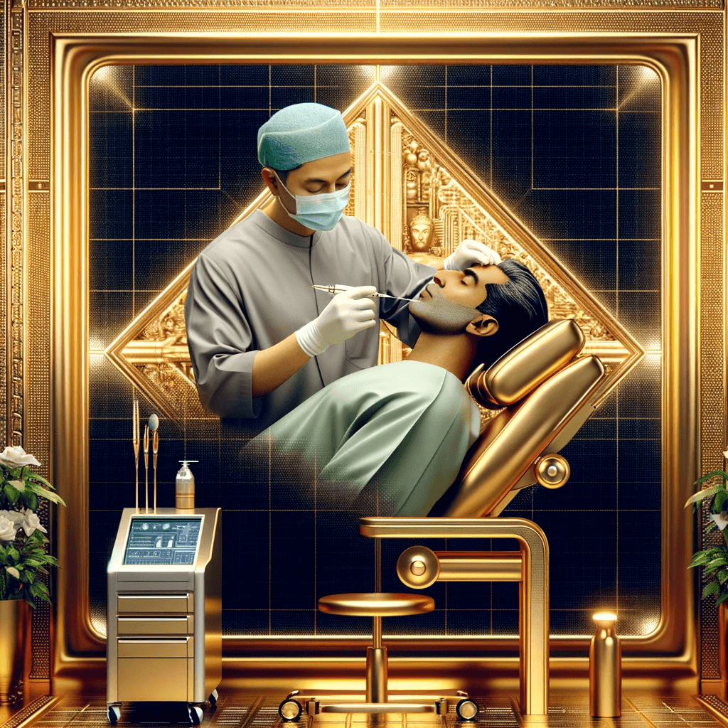 The package in a clinical setting, with a South Asian healthcare professional and a Middle-Eastern patient, emphasizing luxury and quality.