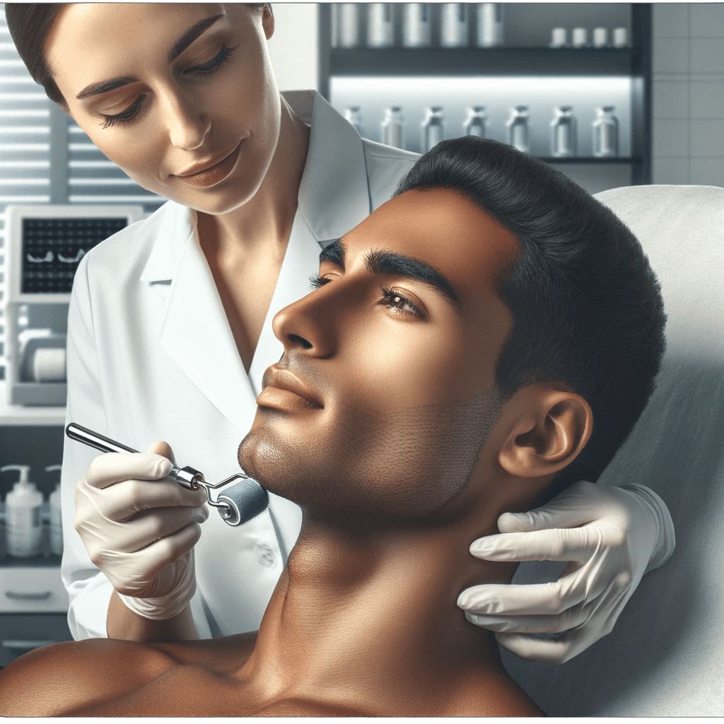 A PRP dermarolling procedure with a Hispanic healthcare professional and a Black patient in a modern medical room.