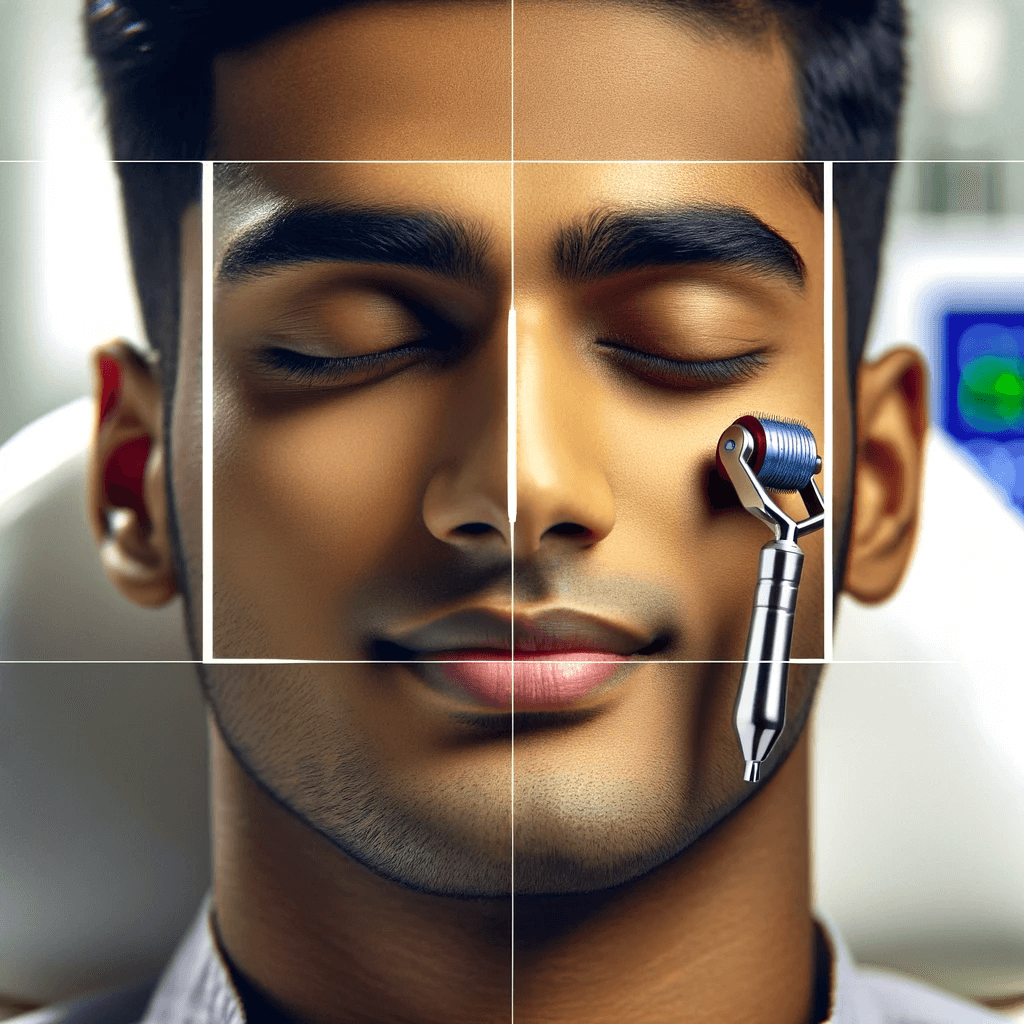 A close-up view of the PRP dermarolling device being used on a South Asian patient's skin, highlighting the treatment area.