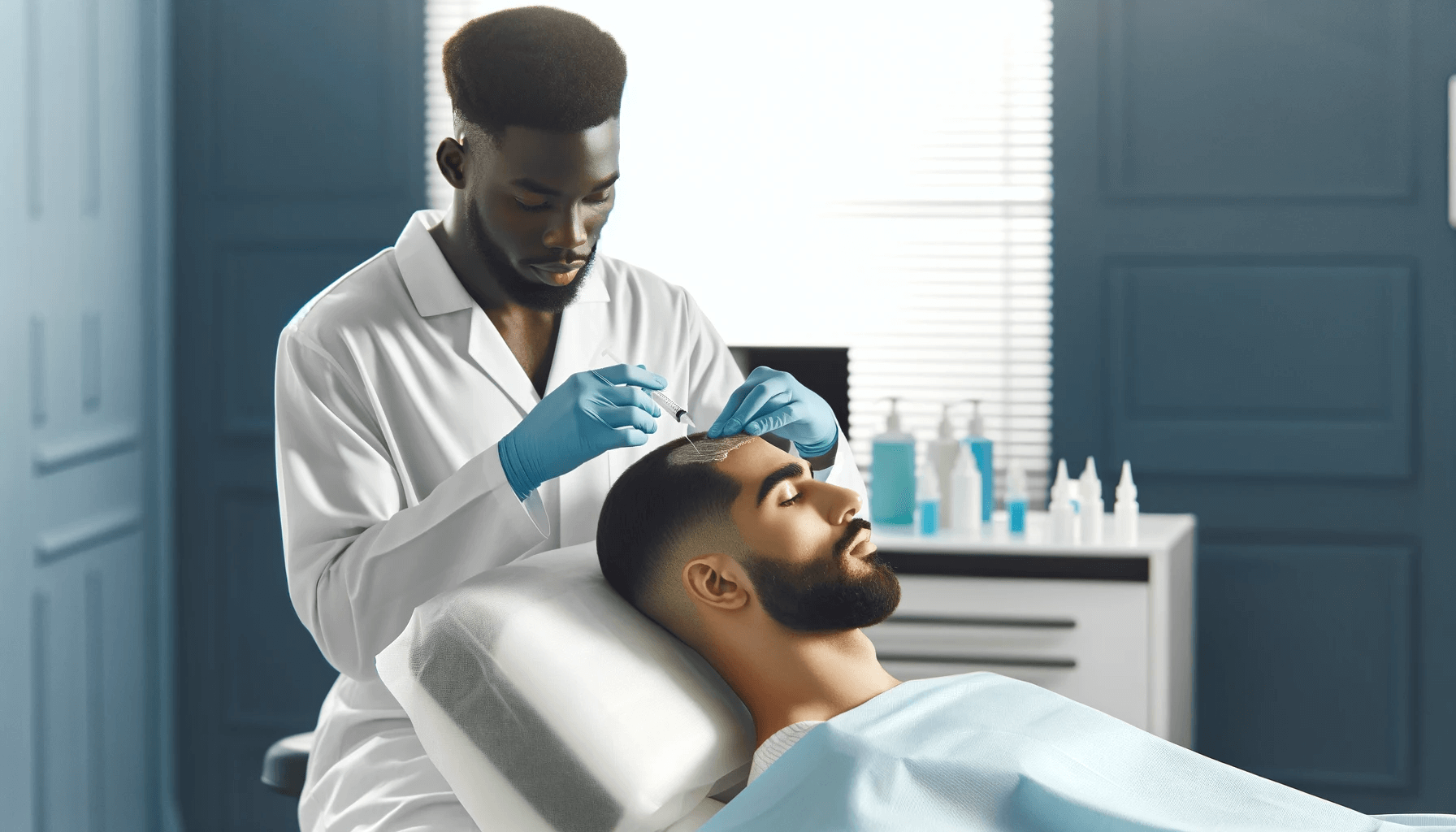 A Hair PRP treatment session in a modern dermatology clinic with a Black healthcare professional and a Hispanic patient.