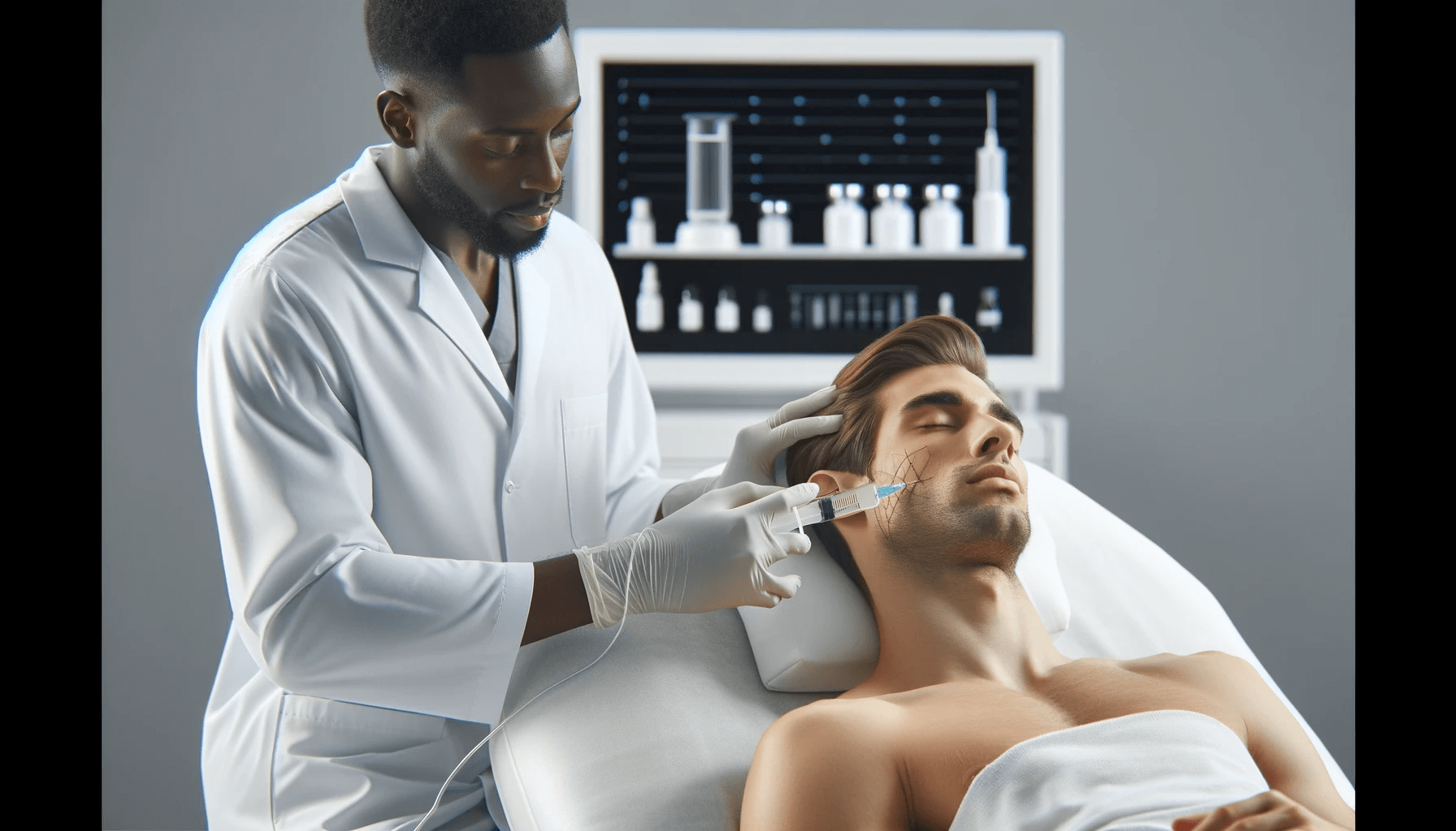 A PRP mesotherapy session in a high-end dermatology clinic with a Black healthcare professional and a Caucasian patient.