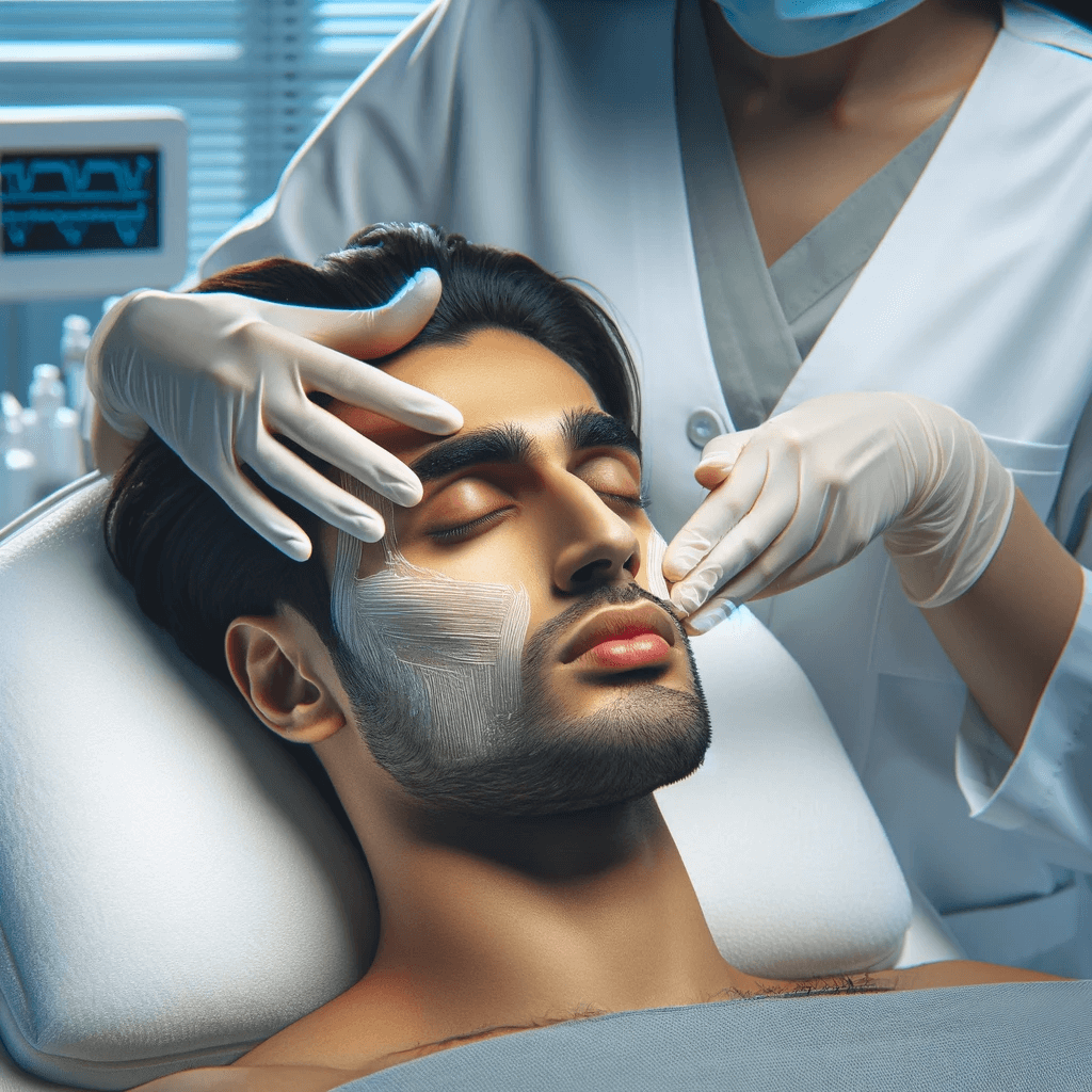 A South Asian healthcare professional applying a Vampire Facial treatment to a Middle-Eastern patient in a clinical setting.