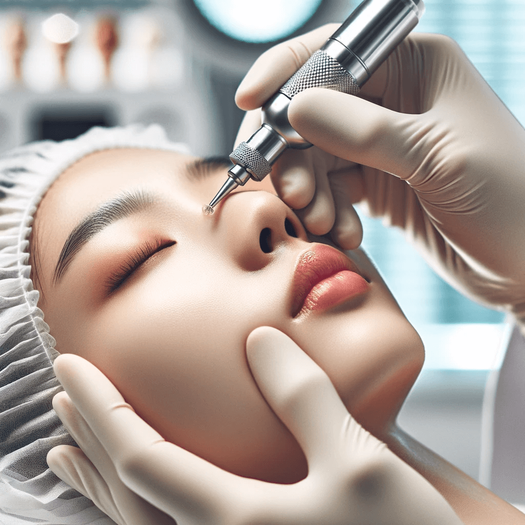 A close-up view of a Vampire Facial treatment, with a Caucasian healthcare professional treating an Asian patient.